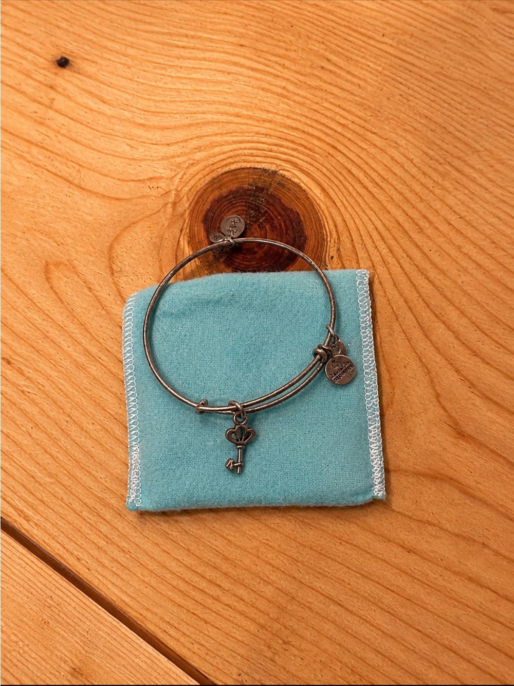 Alex and Ani Silver Key Charm Bangle with Teal Pouch